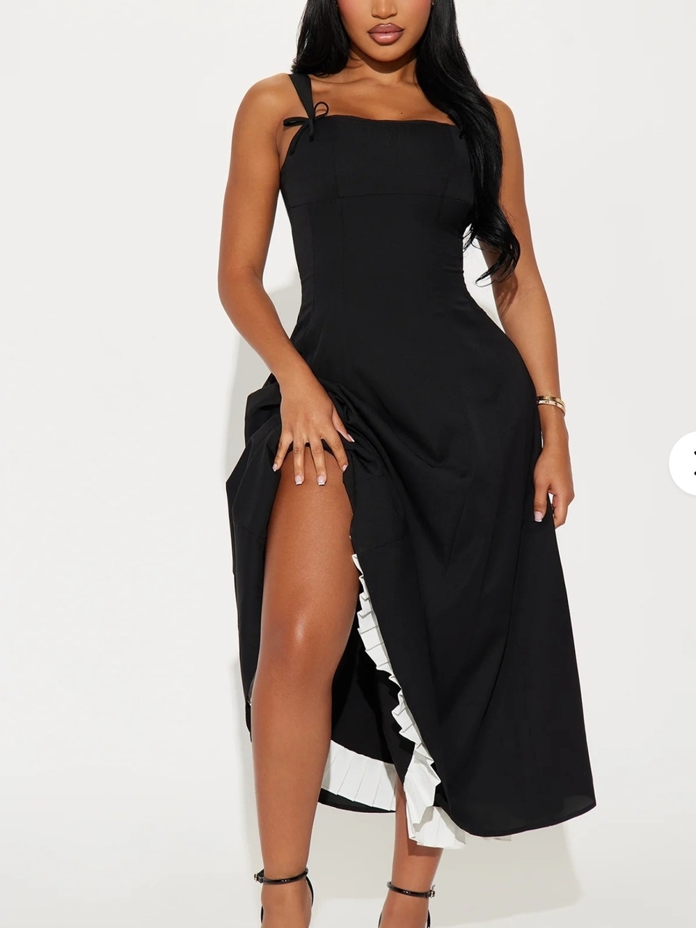 Black Square-Neck Midi Dress with Side Slit and Pleated Trim